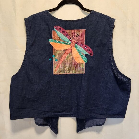 Vintage Alfredo's Wife Denim Vest Women's‎ XL Dragonfly Applique W/Rhinestones - Picture 2 of 7